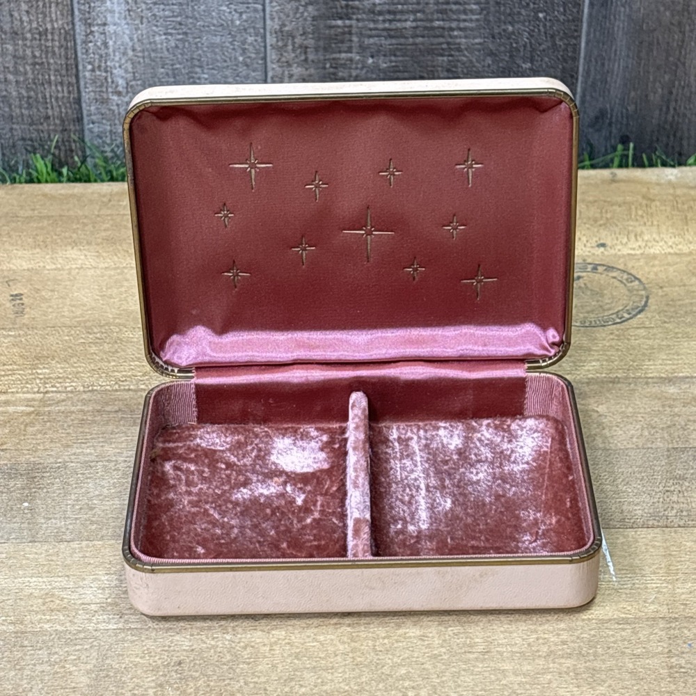 Vintage MCM Pink Jewelry Trinket Box Gold Atomic Stars Velvet Interior